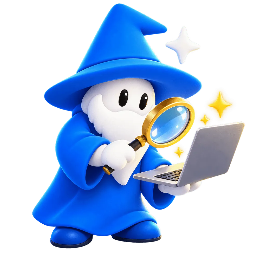 Merlin, el mago de Merlin PC, revisando una notebook con una lupa